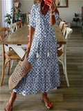 robe longue femme col en v imprimée en bleu