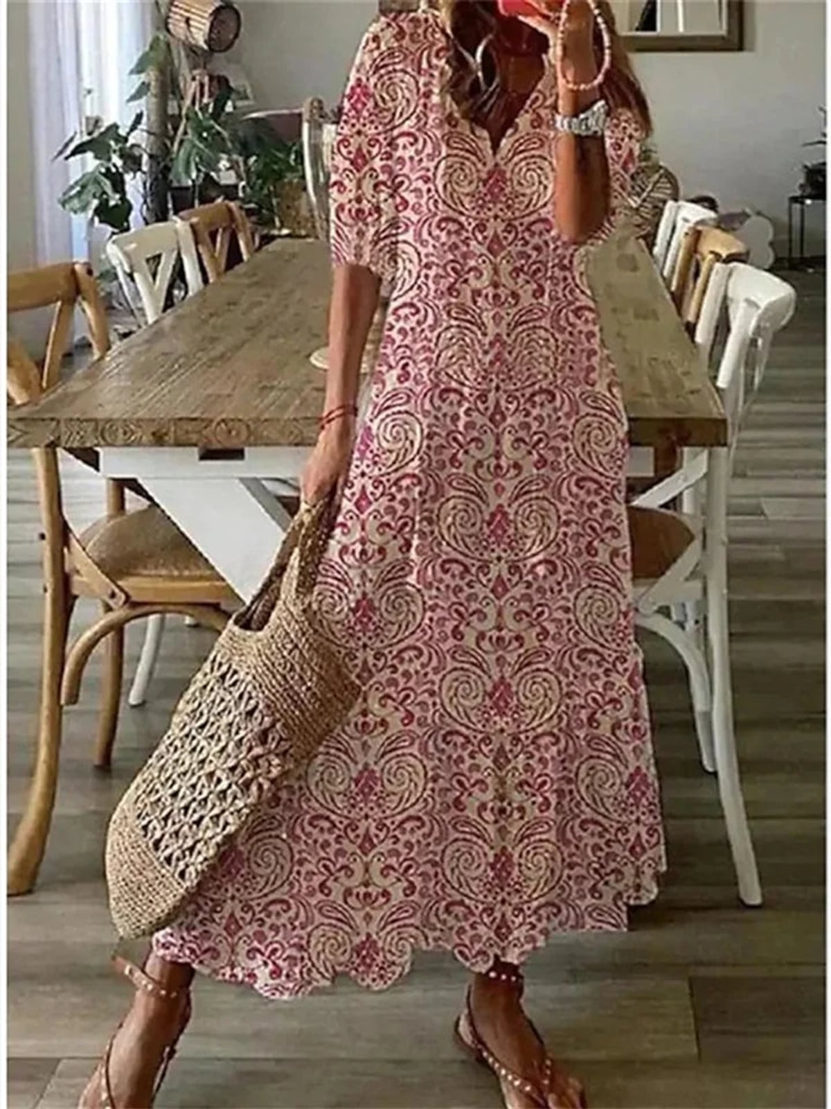 robe longue femme col en v imprimée en rouge