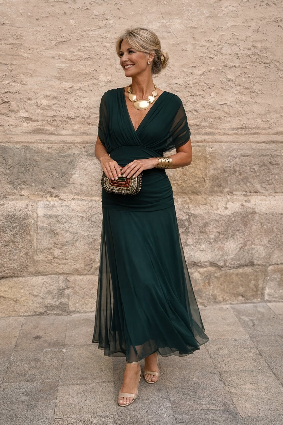 robe longue femme col en v manches courtes en vert foncé