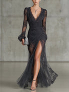 robe longue femme col en v manches longues fendue en gris foncé