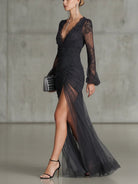 robe longue femme col en v manches longues fendue