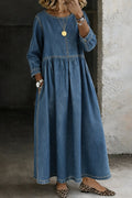 robe longue femme col rond manches longues en bleu