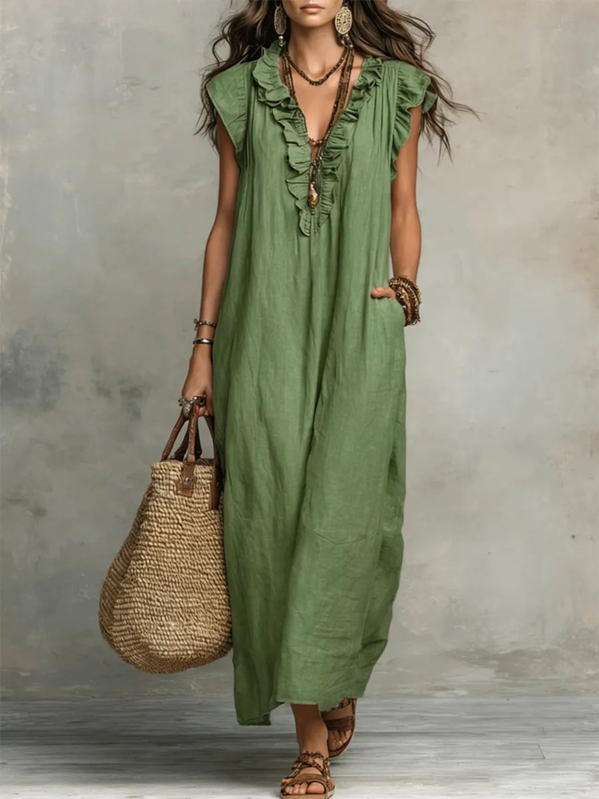 robe longue femme coupe fluide bohème en vert