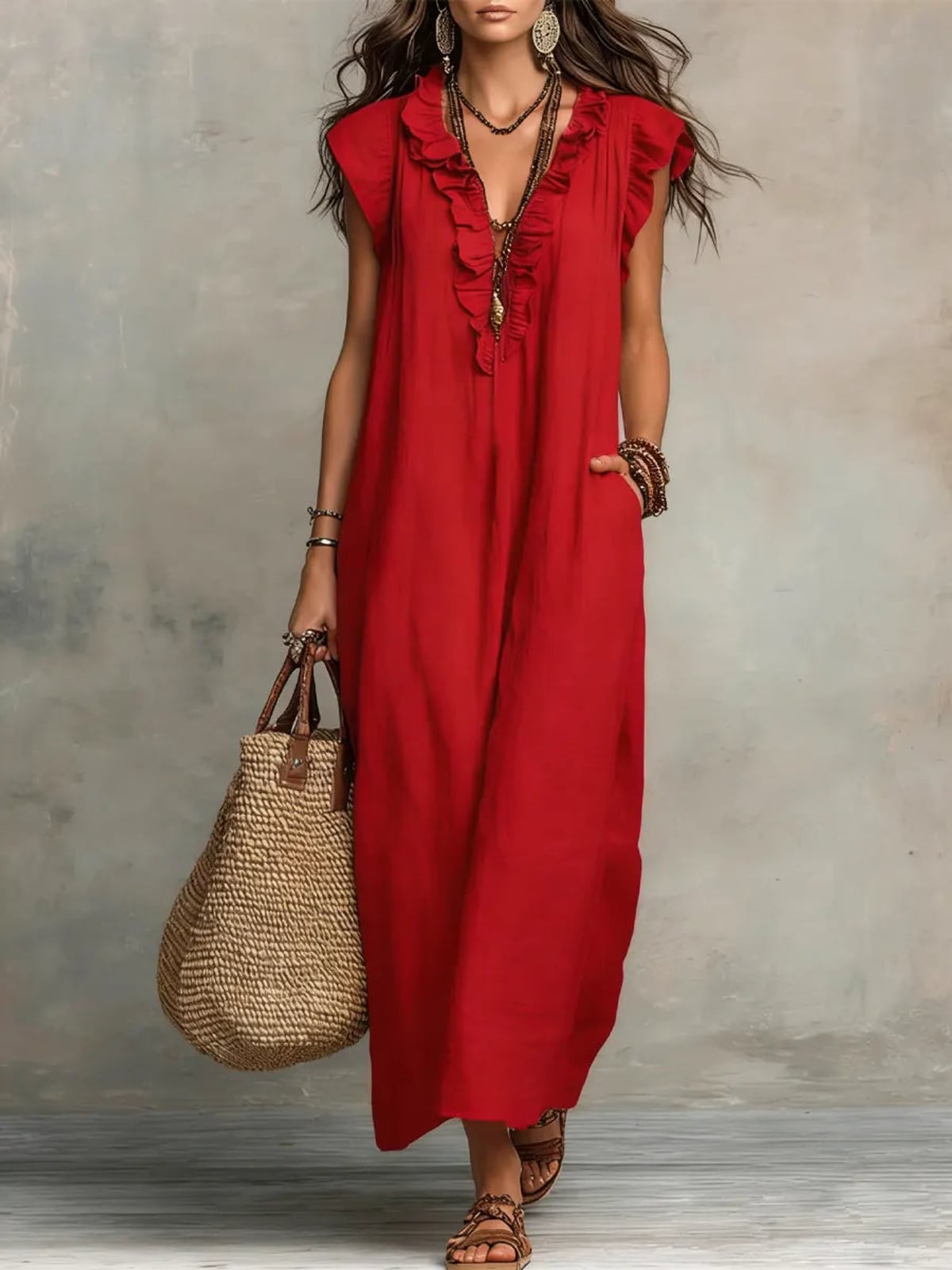 robe longue femme coupe fluide bohème en rouge
