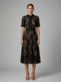 robe midi femme col montant dentelle en noir