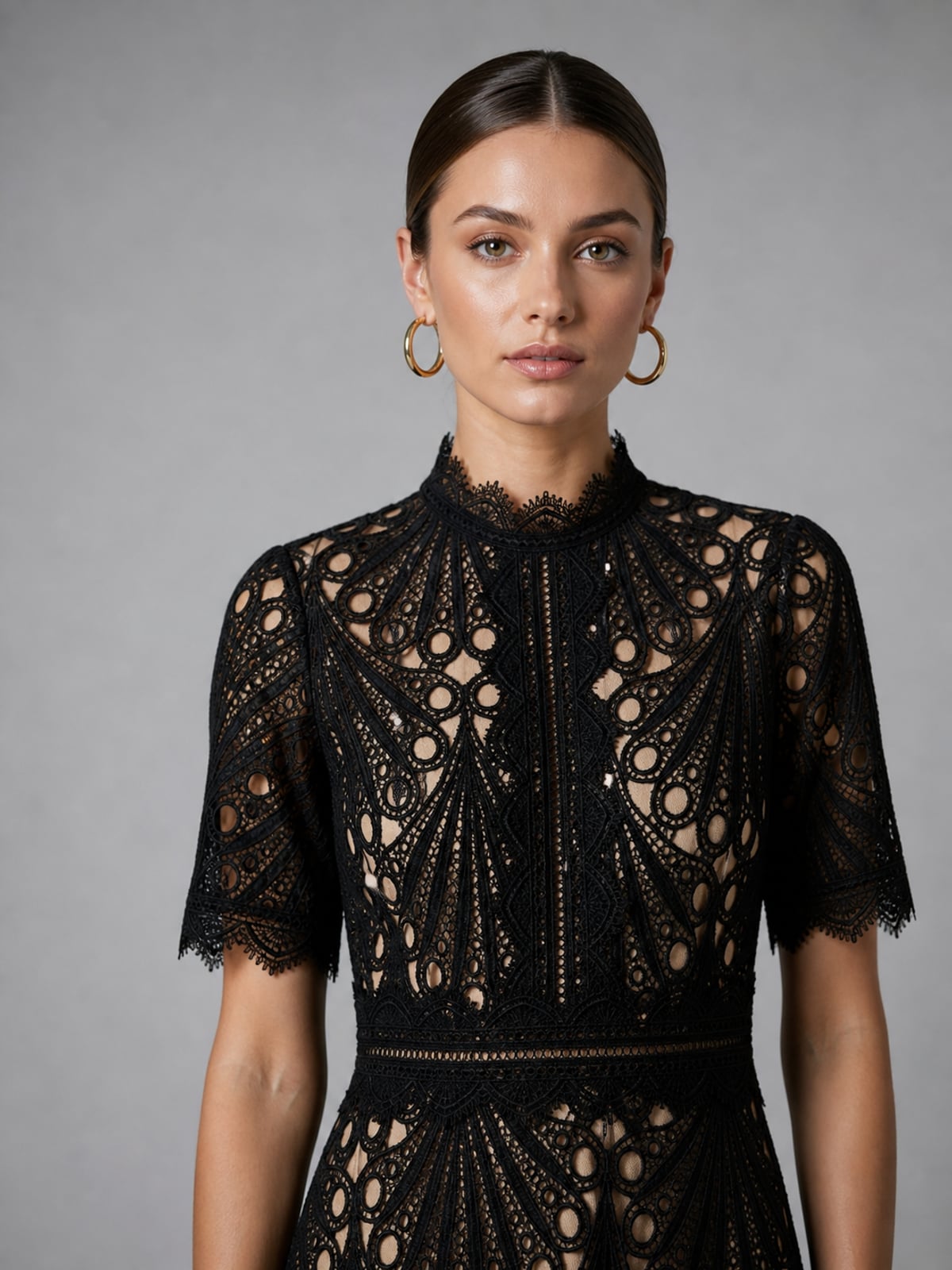 robe midi femme col montant dentelle