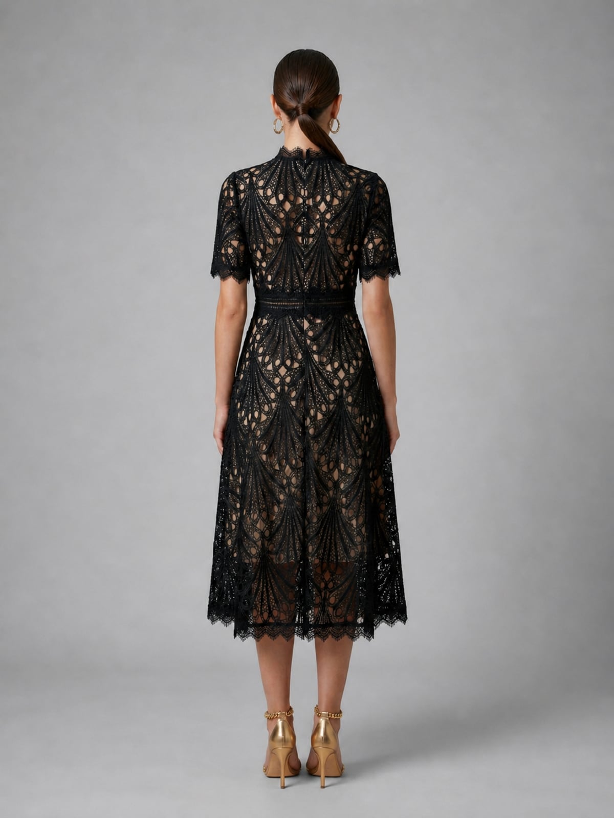 robe midi femme col montant dentelle