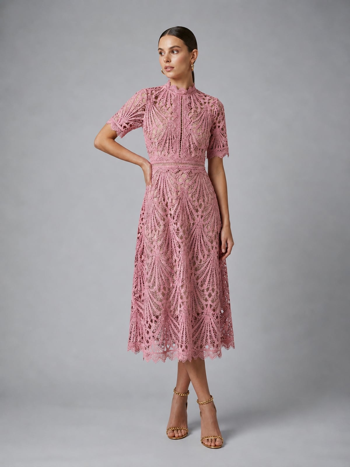 robe midi femme col montant dentelle en rose