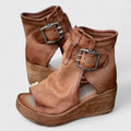 sandales compensées femme bout ouvert boucles en marron