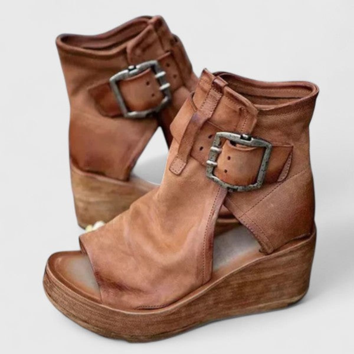 sandales compensées femme bout ouvert boucles en marron