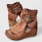sandales compensées femme bout ouvert boucles en marron