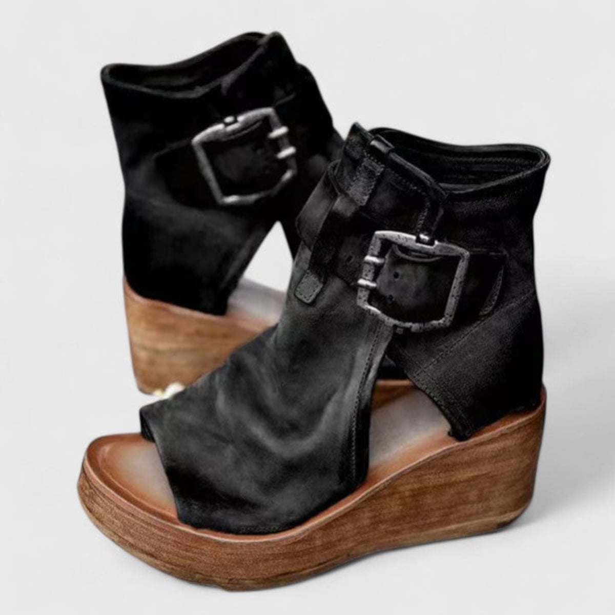 sandales compensées femme bout ouvert boucles en noir