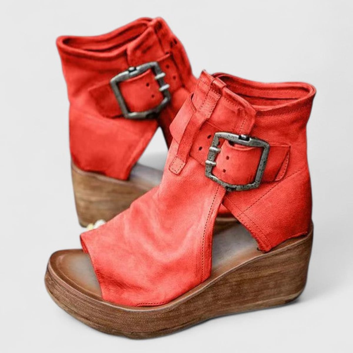 sandales compensées femme bout ouvert boucles en rouge