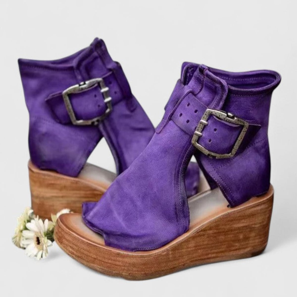 sandales compensées femme bout ouvert boucles en violet