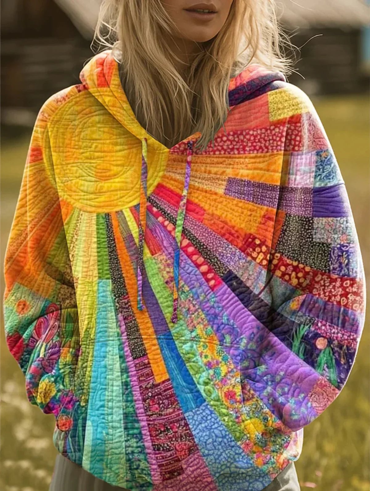 sweat à capuche femme imprimé patchwork en multicolore