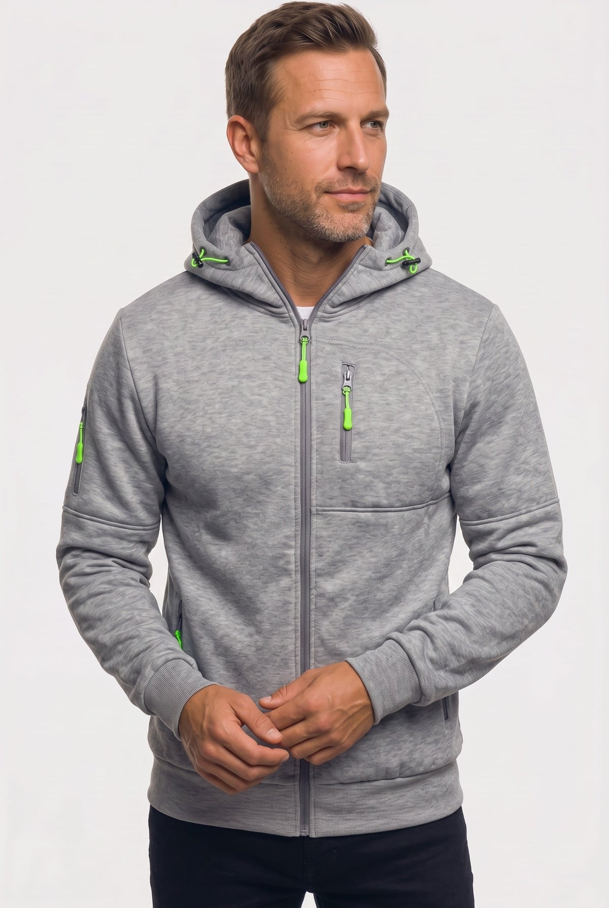 sweat à capuche homme zippé multi-poches en gris clair