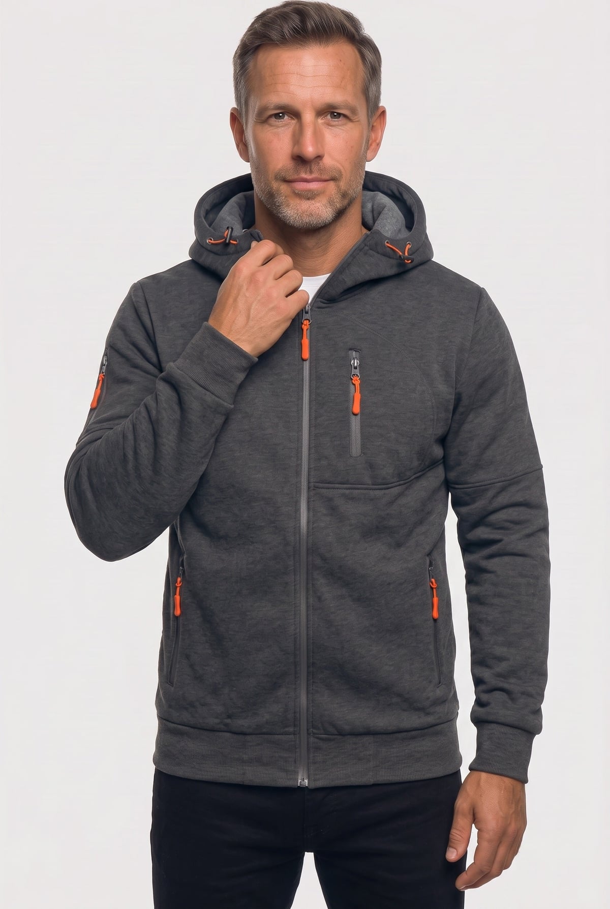 sweat à capuche homme zippé multi-poches en gris foncé