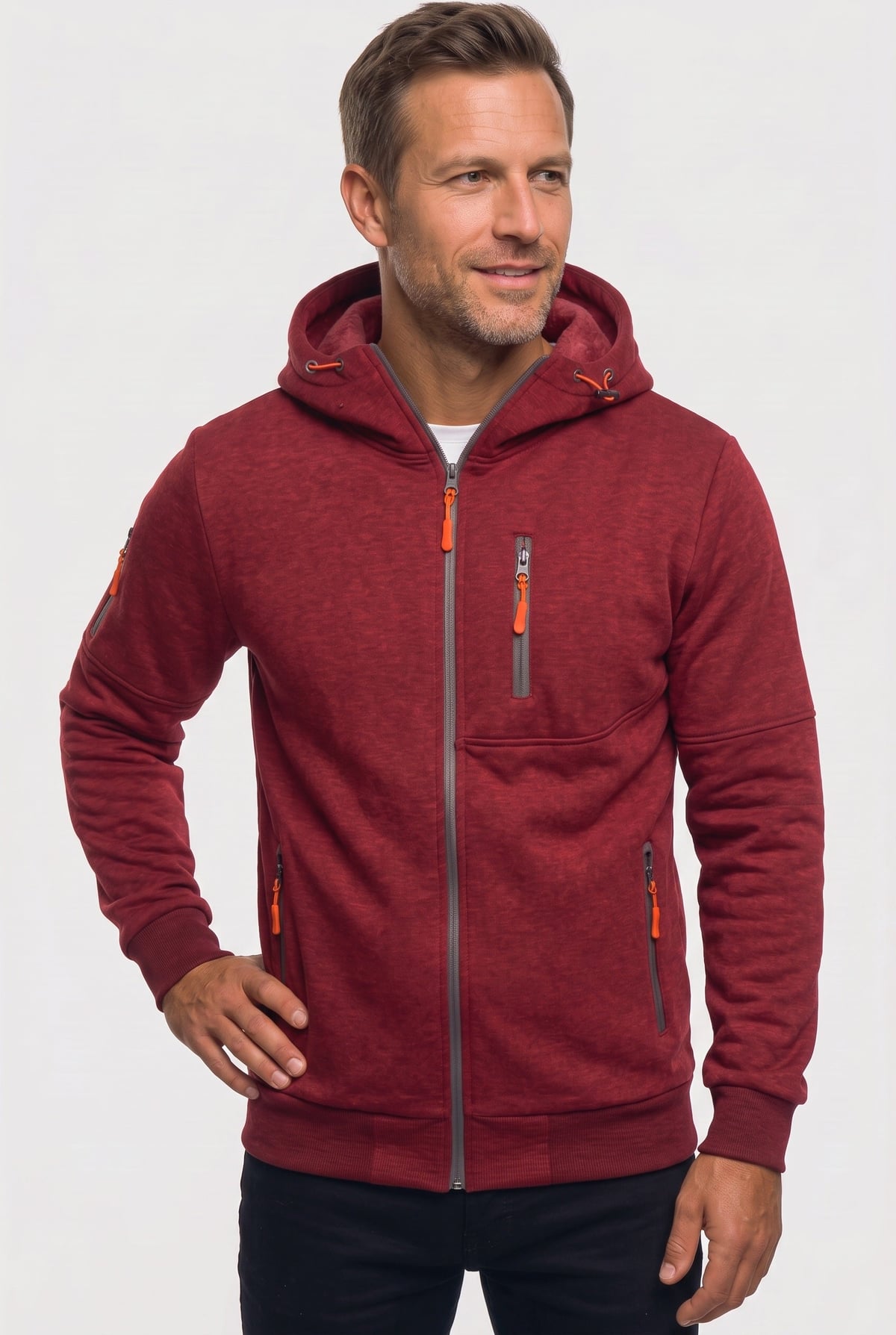 sweat à capuche homme zippé multi-poches en rouge