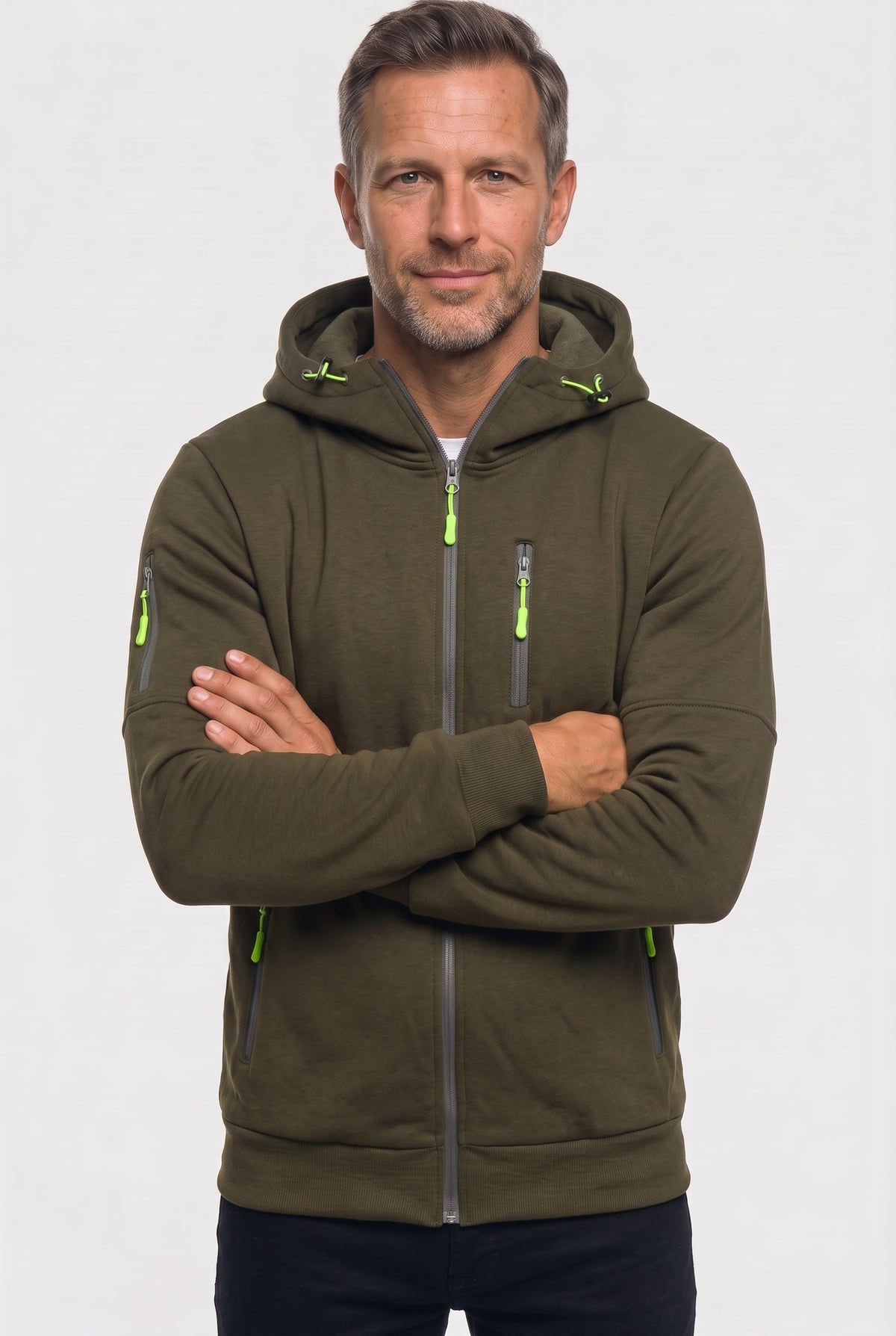sweat à capuche homme zippé multi-poches en vert foncé