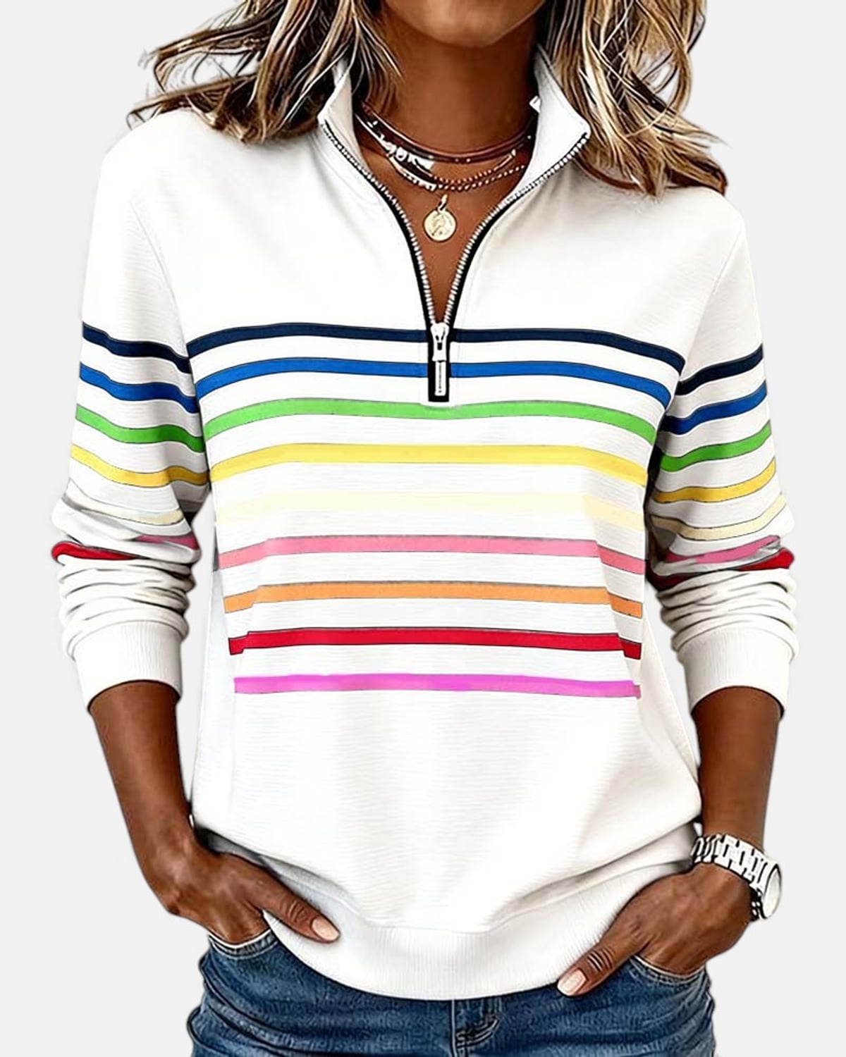 sweat femme col montant zippé rayures colorées en blanc