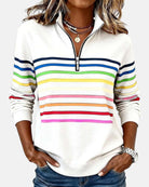 sweat femme col montant zippé rayures colorées en blanc