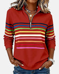 sweat femme col montant zippé rayures colorées en rouge