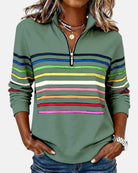 sweat femme col montant zippé rayures colorées en vert