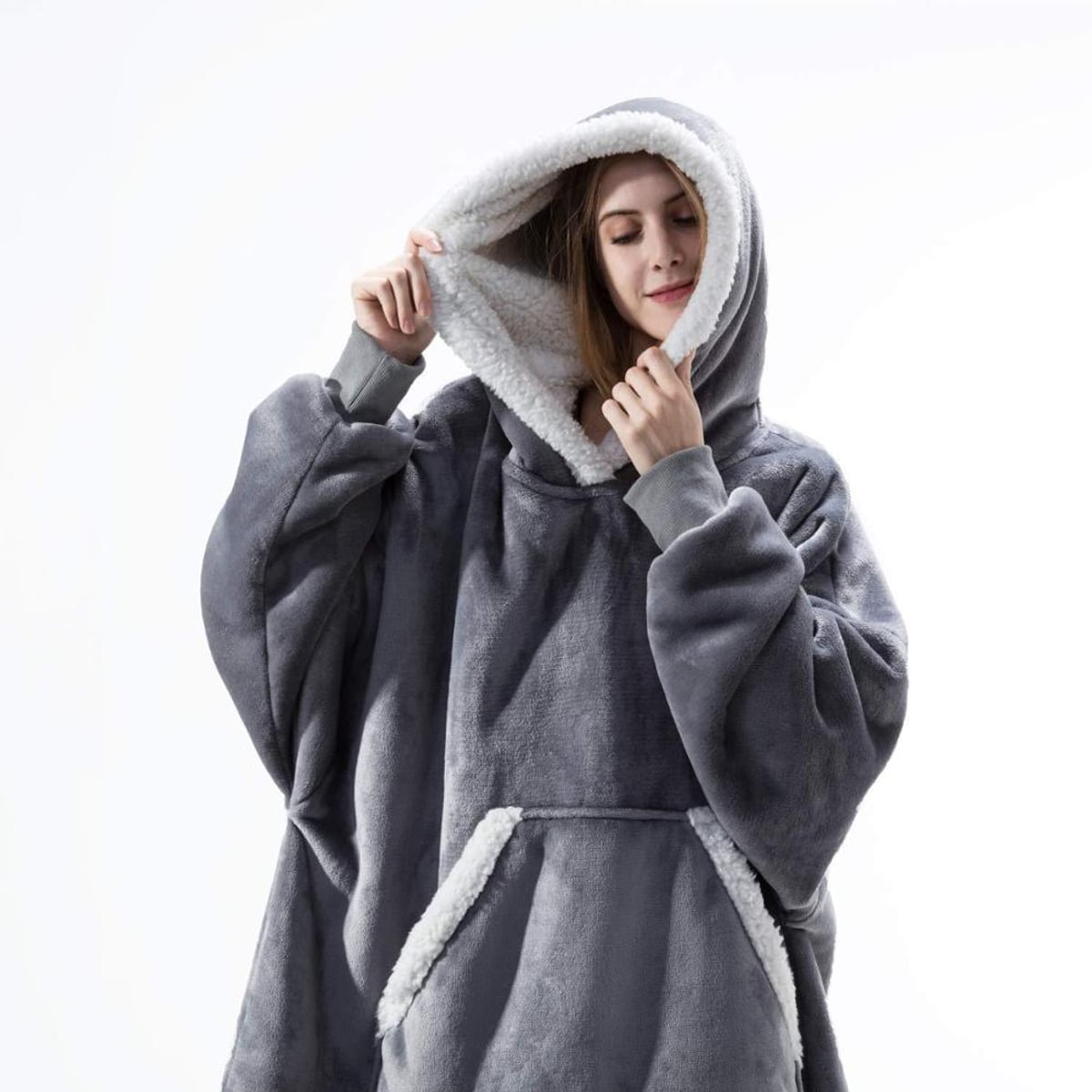 sweat femme oversize à capuche coupe enveloppante Gris avec poches
