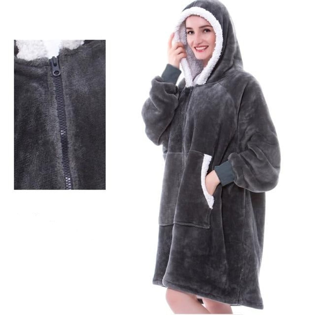 sweat femme oversize à capuche coupe enveloppante Gris à fermeture éclair