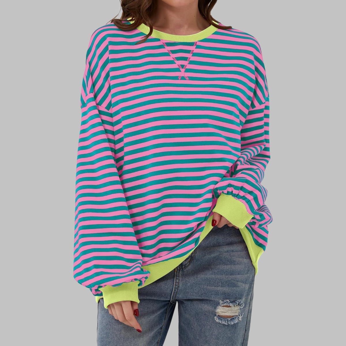 sweat oversize femme rayures rétro en rose