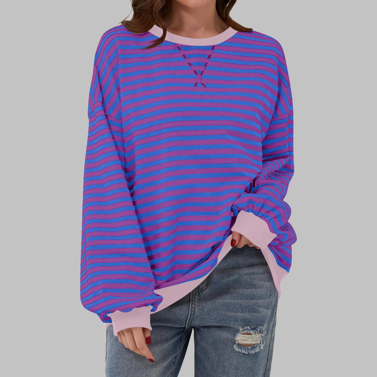sweat oversize femme rayures rétro en violet