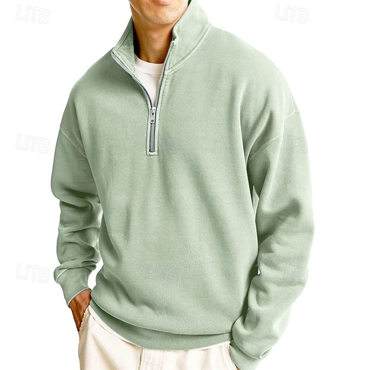 sweatshirt homme col zippé coupe décontractée en vert clair