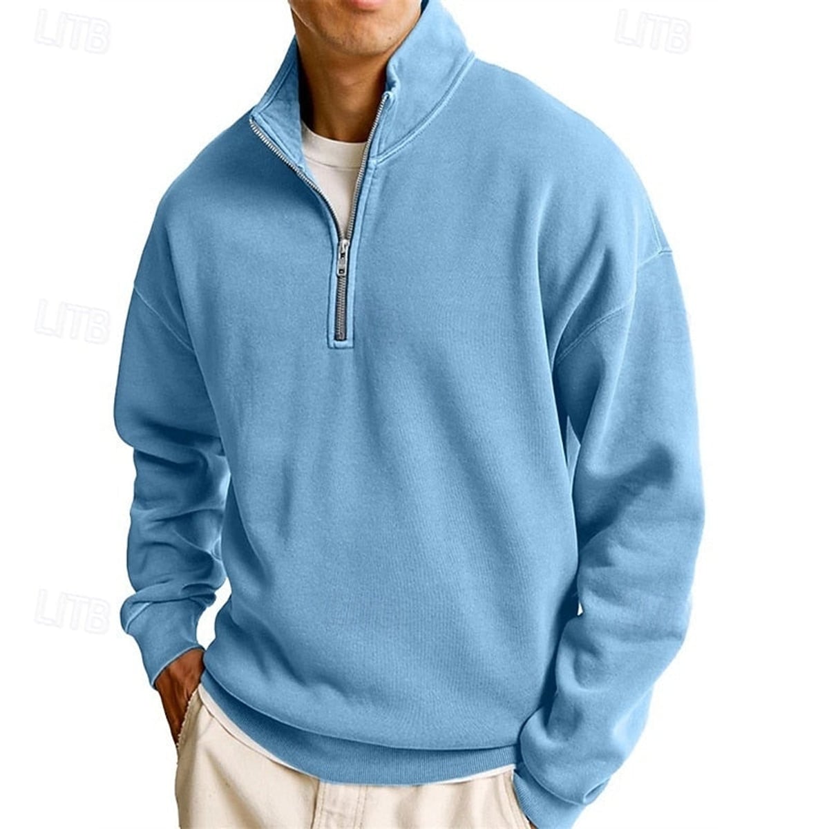 sweatshirt homme col zippé coupe décontractée en bleu ciel