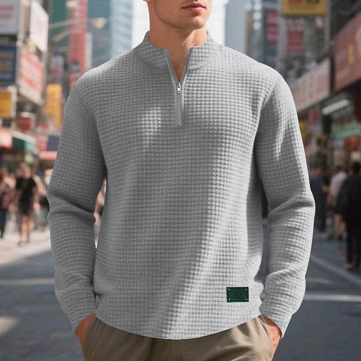 sweatshirt homme col zippé texturé en gris clair