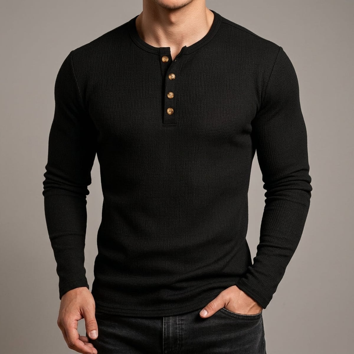 t-shirt homme manches longues col henley en noir
