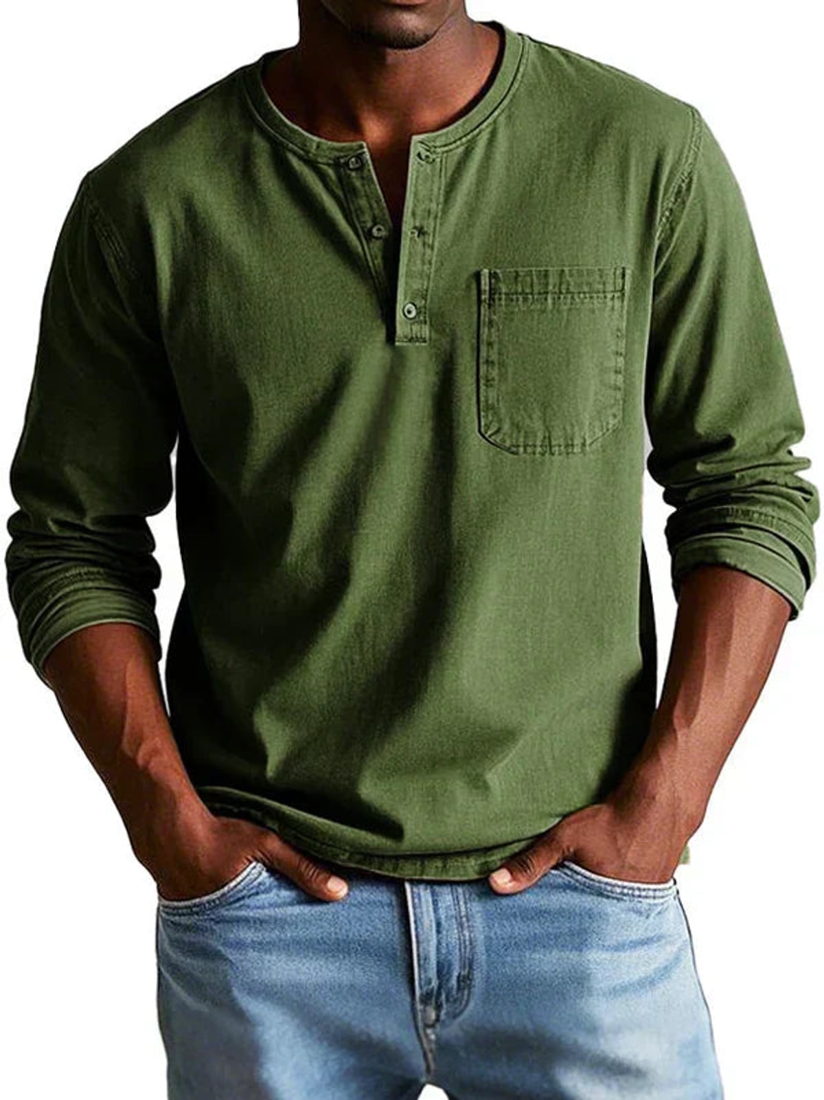 t-shirt homme manches longues col henley grande taille en vert militaire