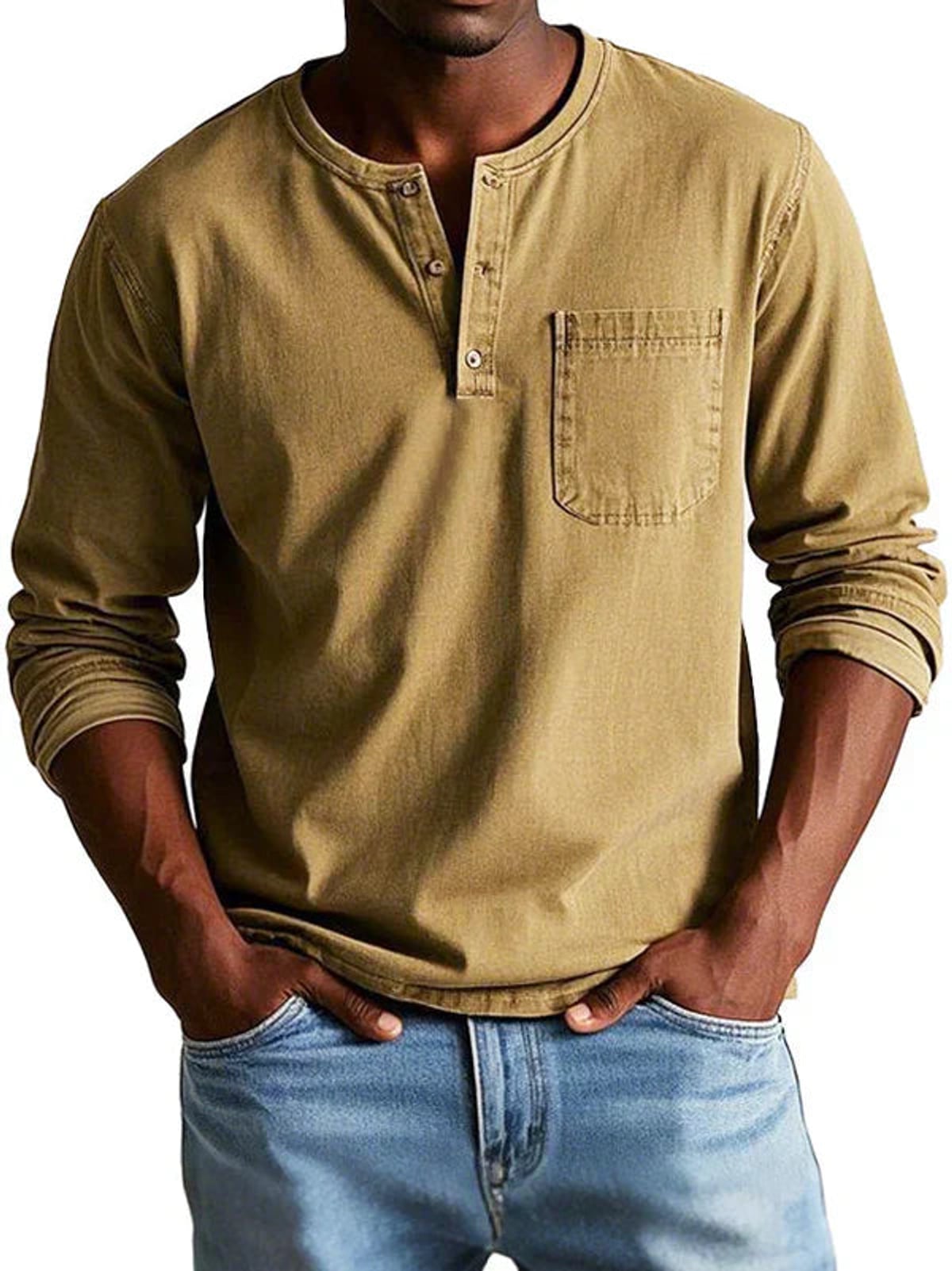 t-shirt homme manches longues col henley grande taille en kaki