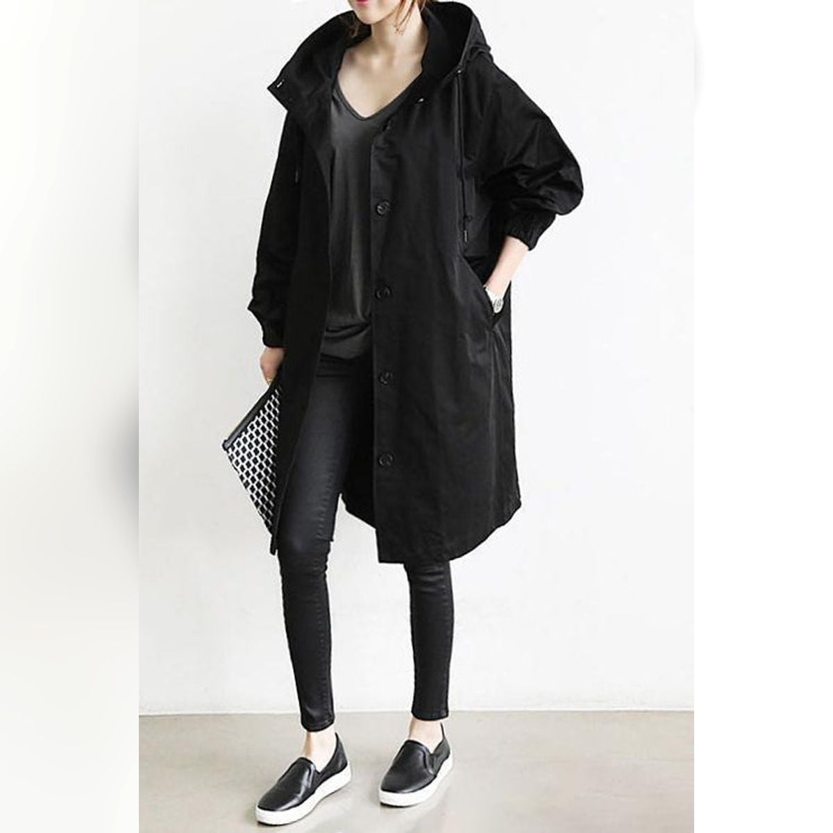 trench coat femme imperméable à capuche en noir