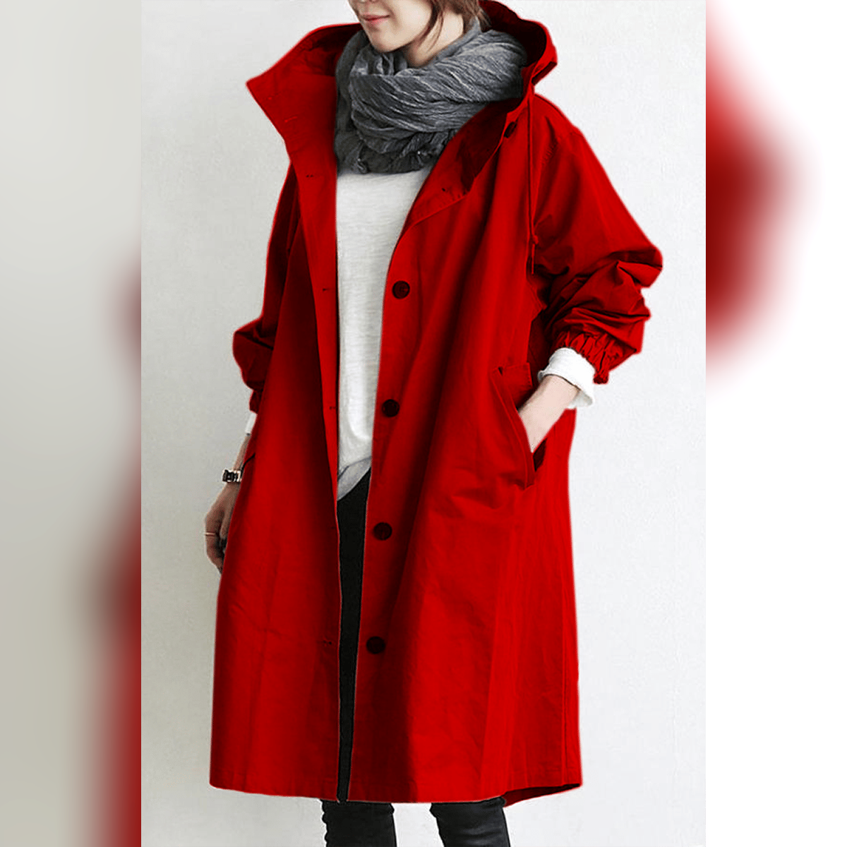 trench coat femme imperméable à capuche en rouge