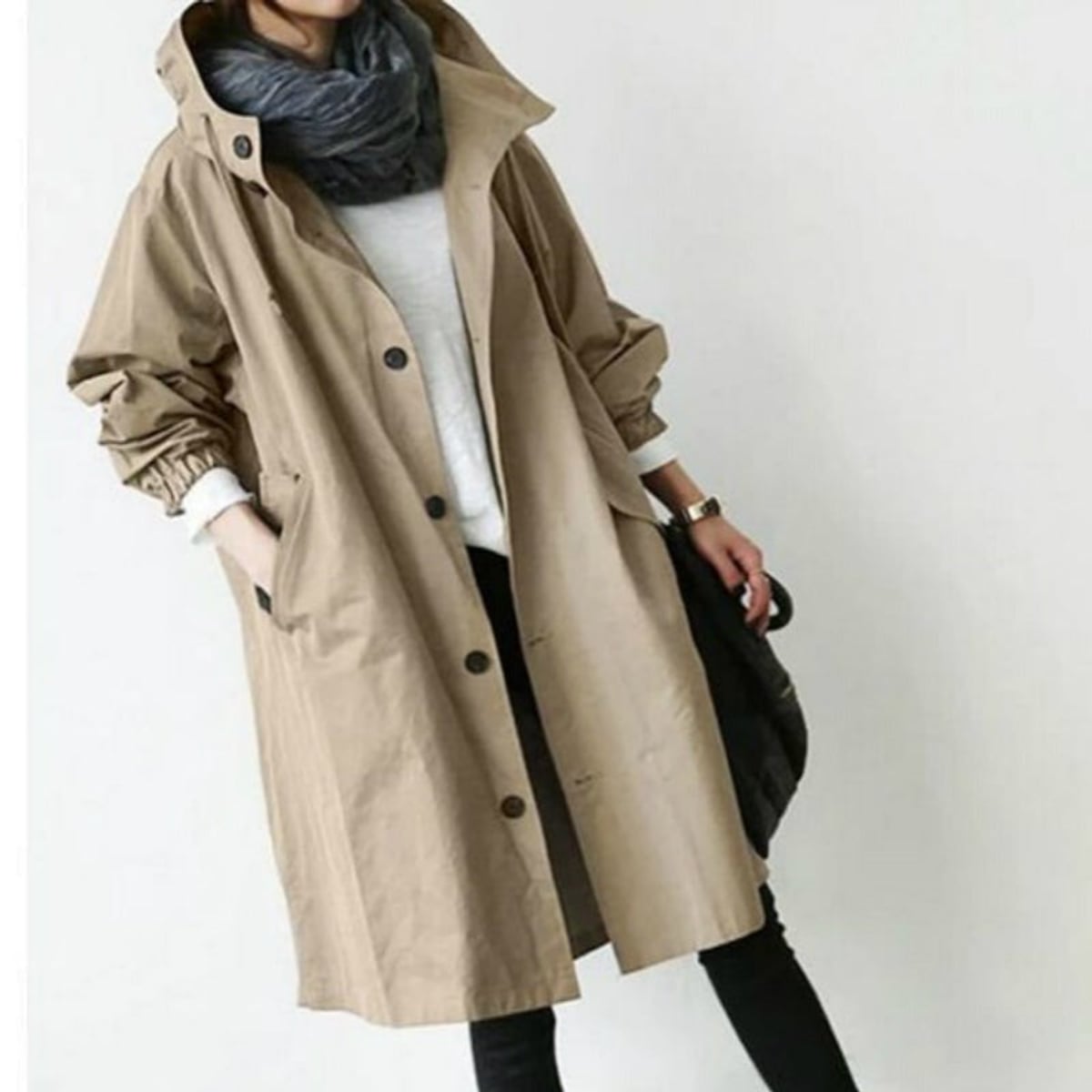trench femme à capuche longueur genou en kaki