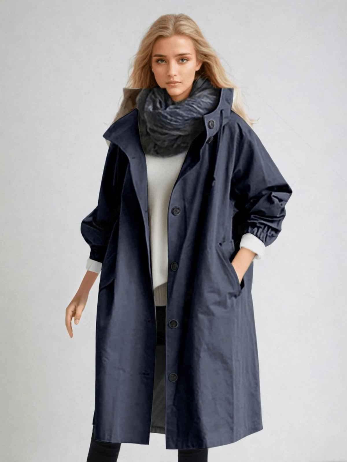 trench femme long à capuche oversize en bleu marine