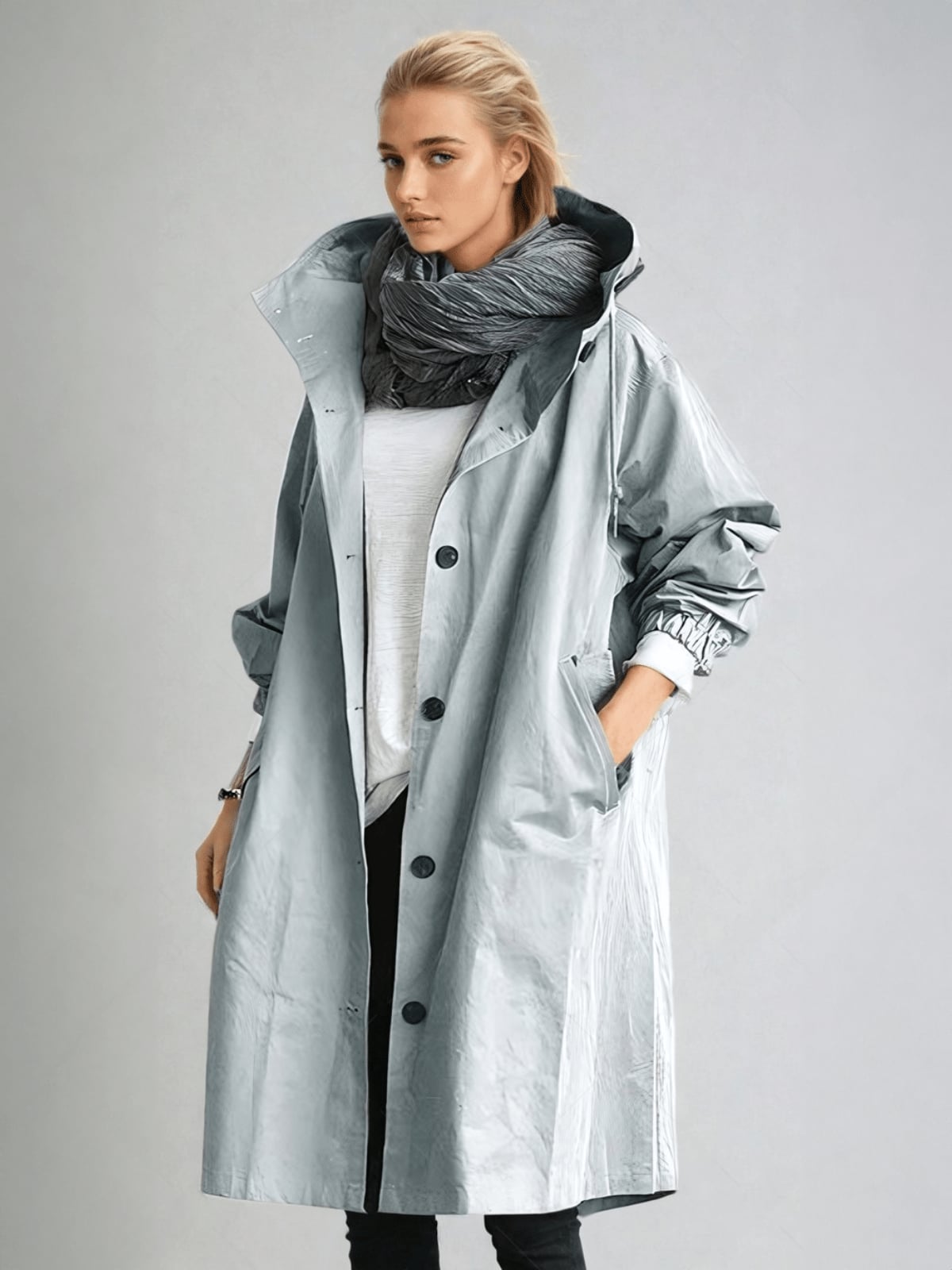 trench femme long à capuche oversize en bleu clair