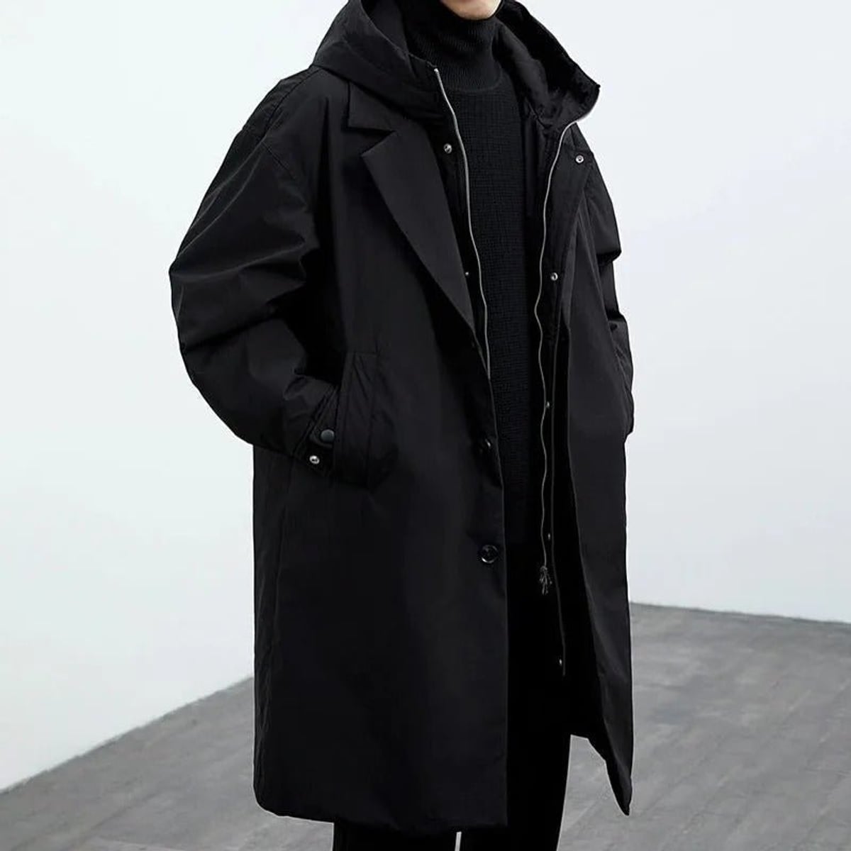 trench homme long à capuche oversize en noir