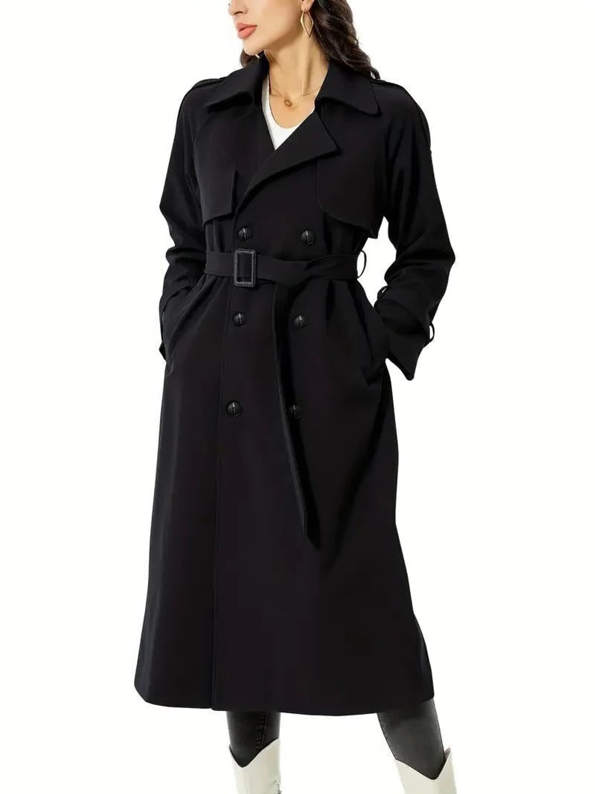 trench long femme double boutonnage ceinturé en noir