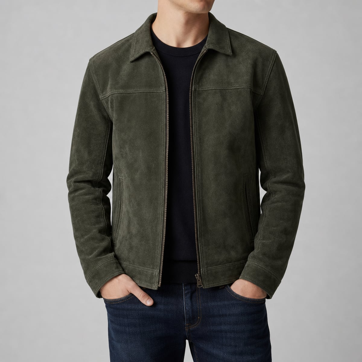 veste biker homme coupe ajustée zippée en vert olive
