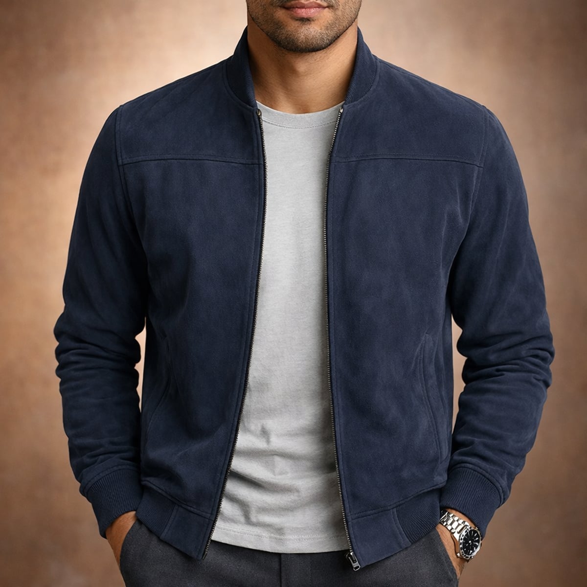 veste bomber homme effet daim en bleu marine