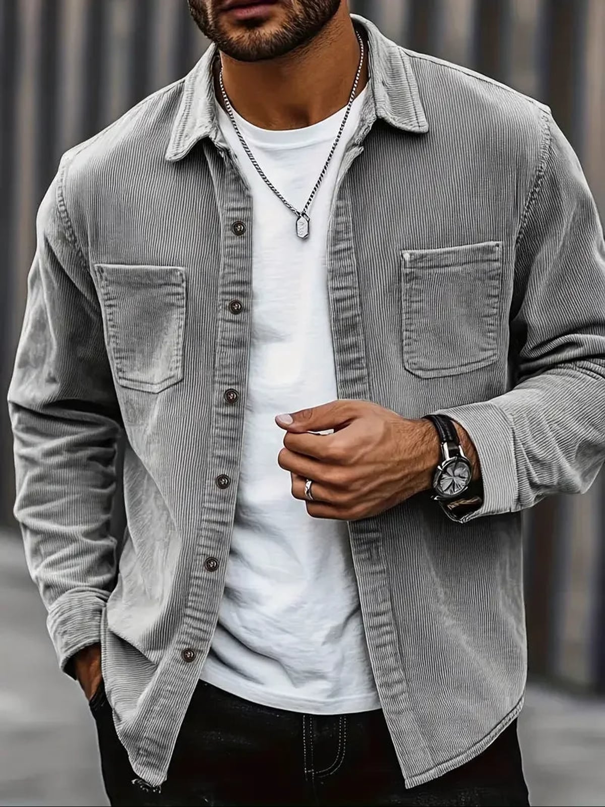 veste chemise homme coupe droite poches plaquées en gris