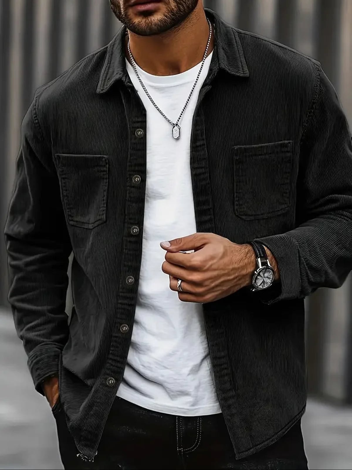 veste chemise homme coupe droite poches plaquées en noir
