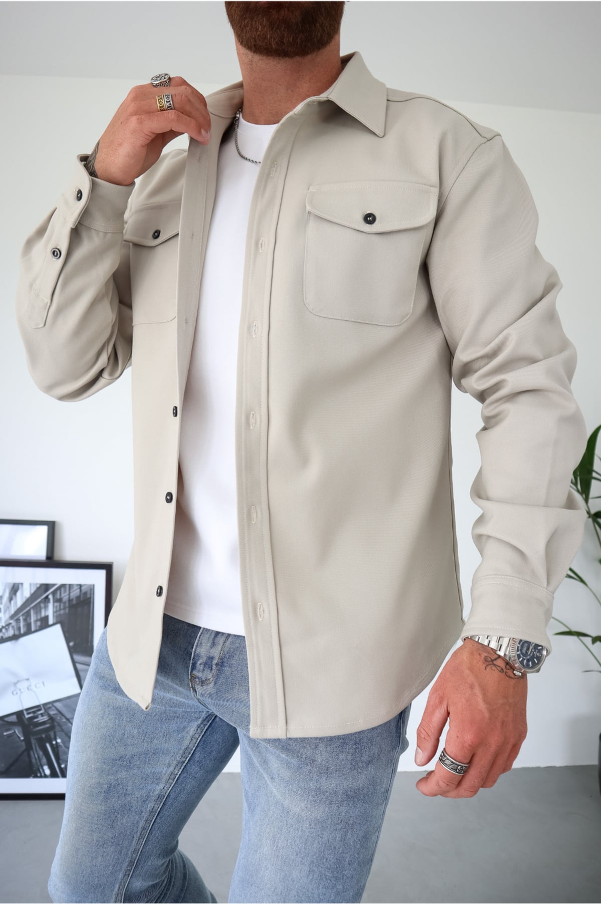 veste chemise homme manches longues poches poitrine en crème