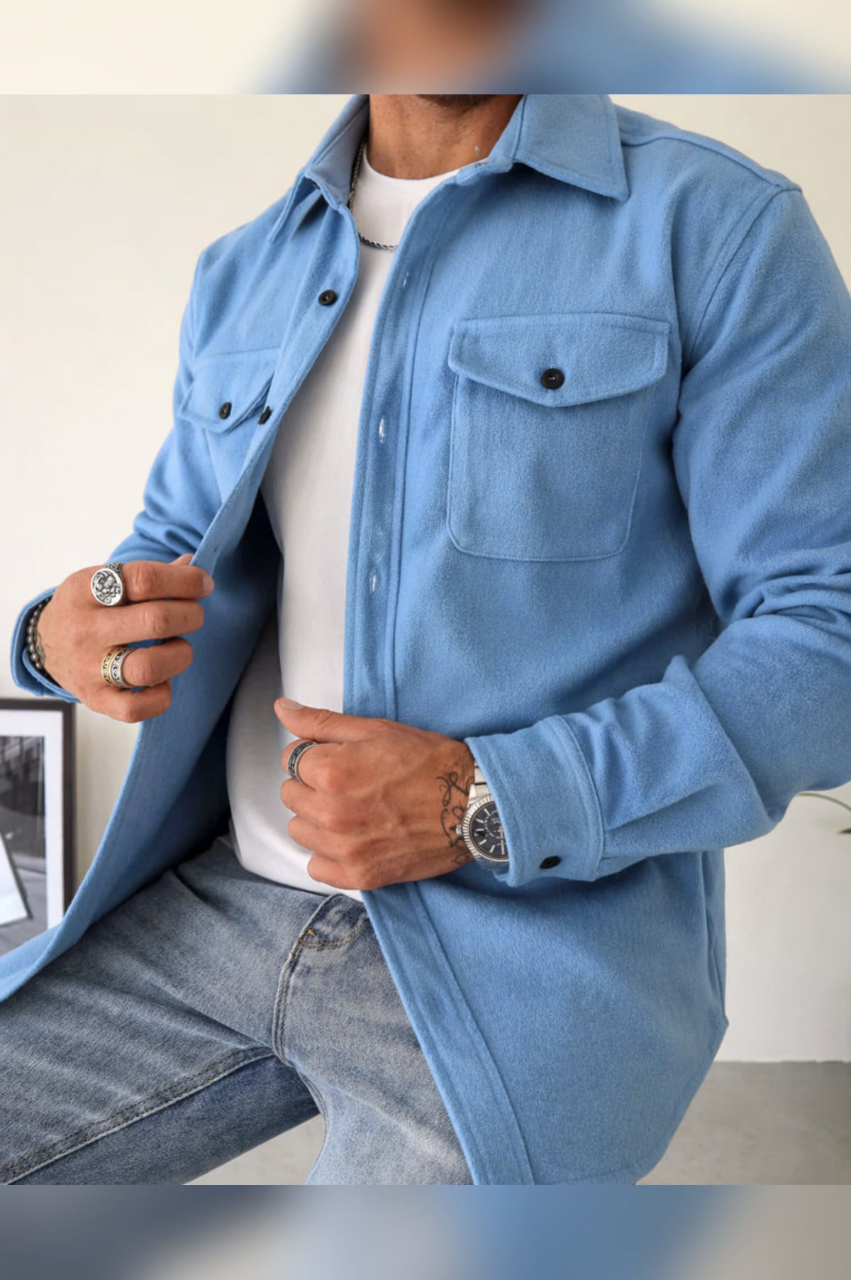 veste chemise homme manches longues poches poitrine en bleu royal
